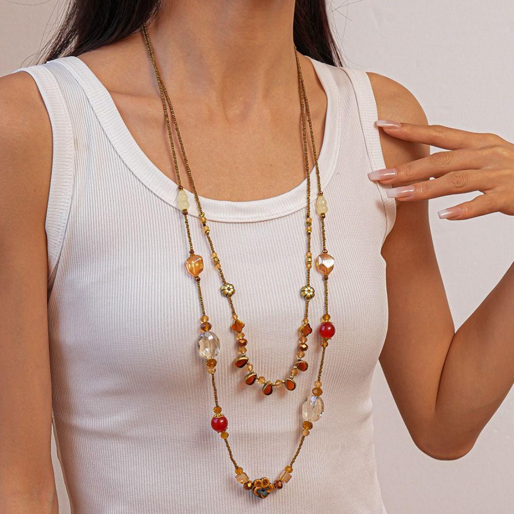Geometric Beaded Ceramic Flower Boho Chain Long Necklace Hot Retro Necklace Women