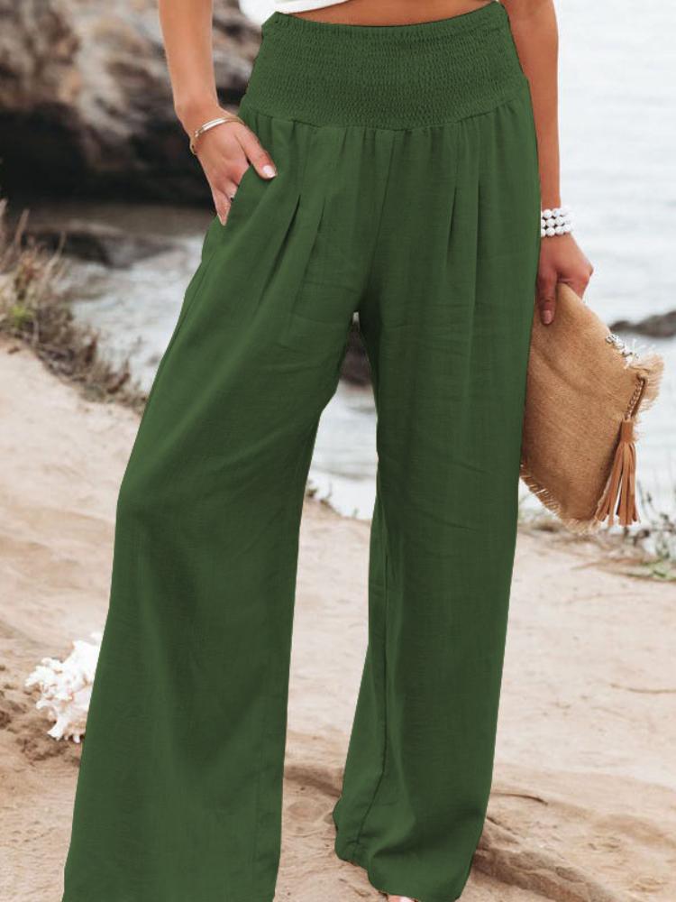 High Waisted Wide Leg Pants with Elastic Waistband, Light Beige Loose Fit Trousers for Women