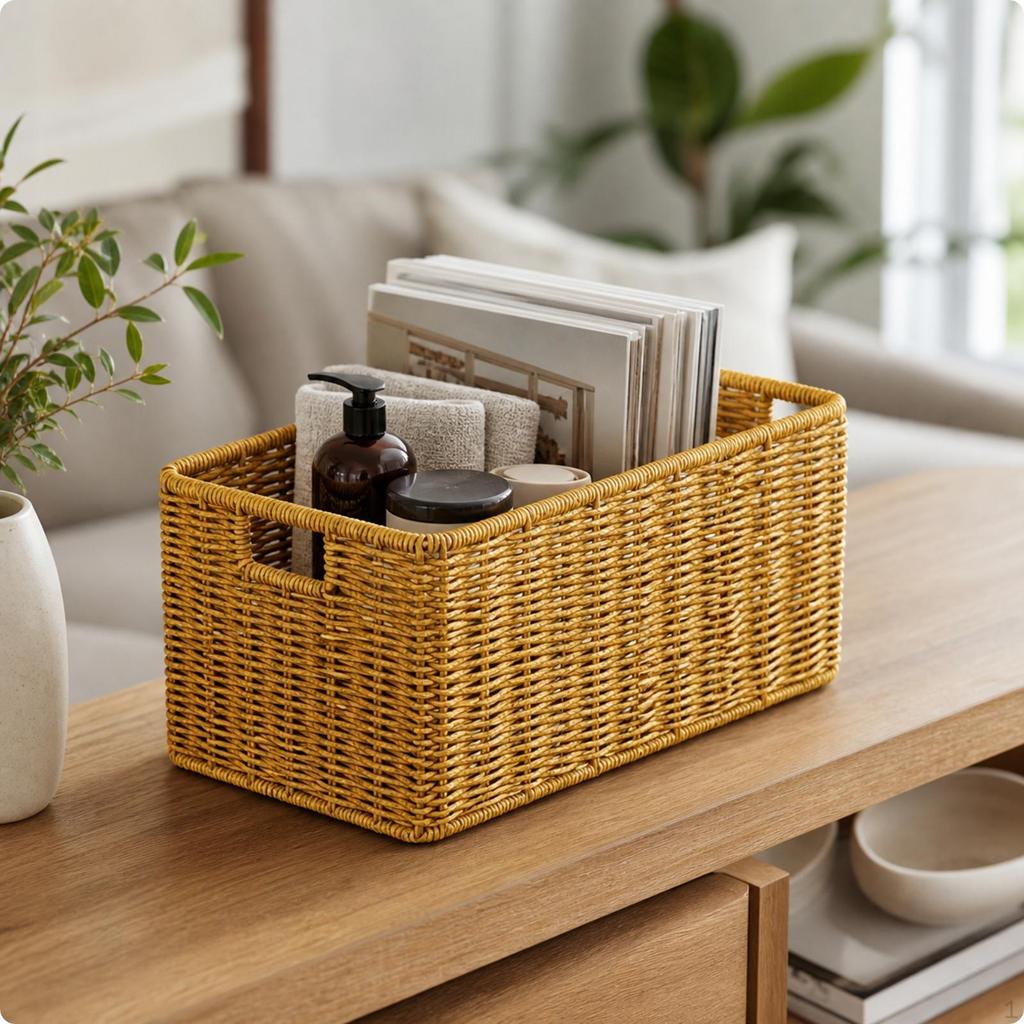 Rattan Storage Basket Rectangular with Handles Decorative