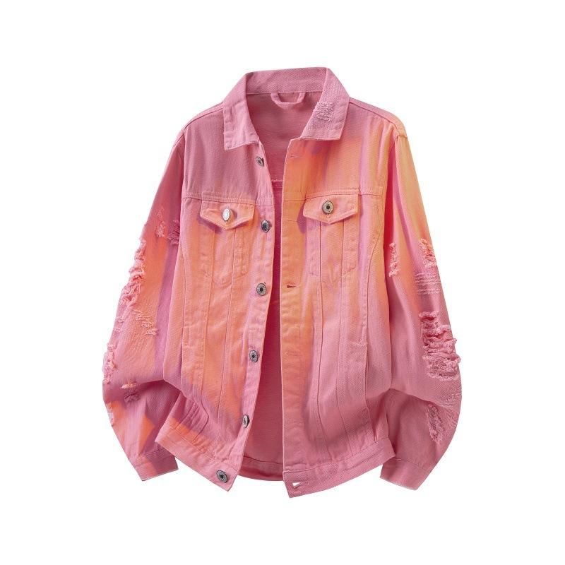 

Women Red Ripped Denim Jacket Casual Long Sleeve Button Up Coat M розовый