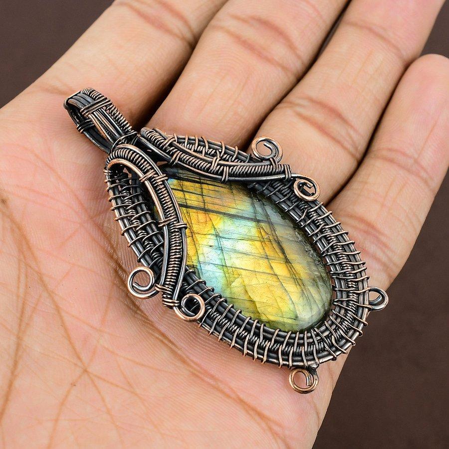 Natural Labradorite Gemstone Handmade Copper Wire Wrap Pendant 2.80" L9a36