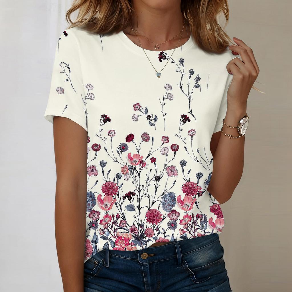 Women's Fashionable Casual Short-sleeved, Retro Printed Round-neck Top