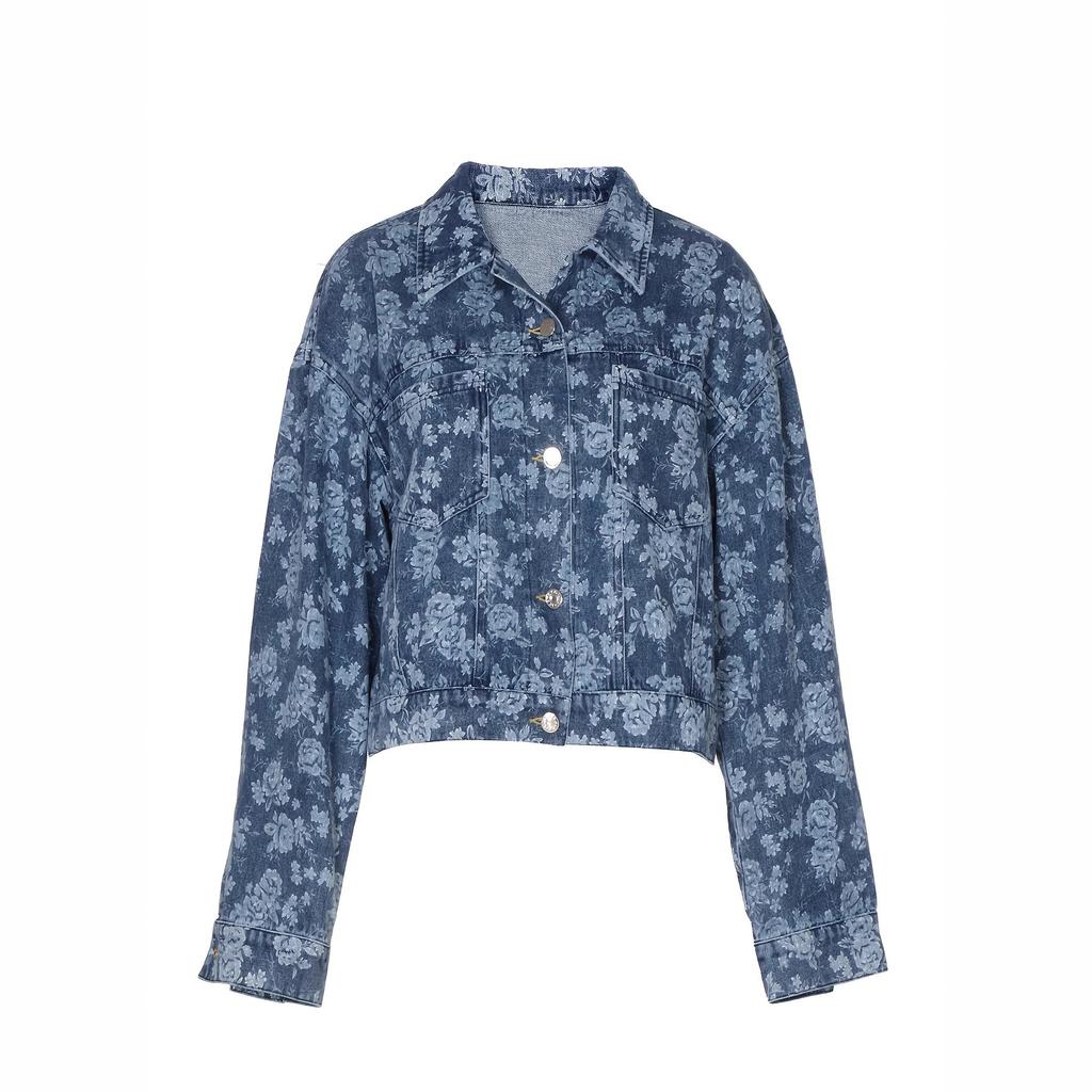 European and American printed denim jacket autumn flower print casual wash personalized denim single-breasted jacket