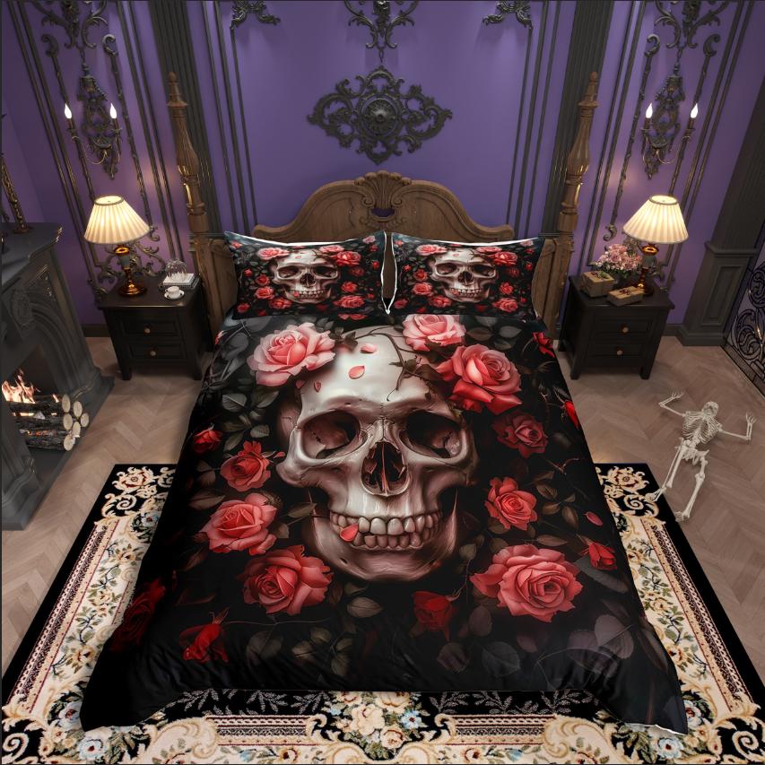 Homewish Gothic Skull Duvet Cover SetChic Flower Rose For Teens Bedding SetHappy Halloween Decor