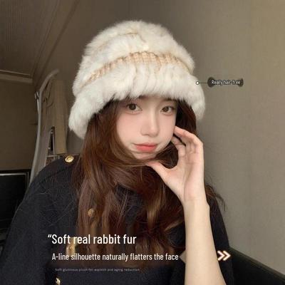 Women's Rabbit Fur Knitted Plush Hat: Autumn & Winter Korean Style, Fluffy Warm Fisherman Hat, Versatile for a Small Face