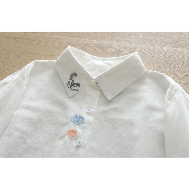 Women's Cute Embroidered White Shirt Casual Retro Loose Cotton Blouse