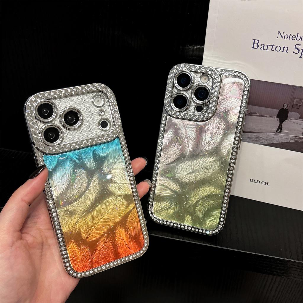 Bling Glitter Diamond Gradient Penas Pattern Plating Case For iPhone 17 16 15 14 13 17 Pro Max Lens Protective Shockproof Cover