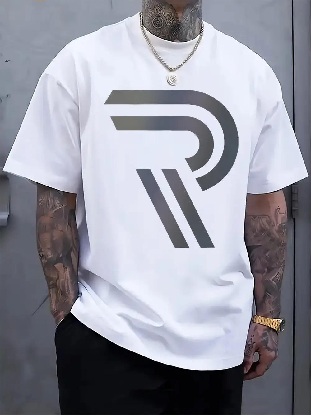 Gradient Letter R Graphic Print T-shirt - Regular Fit Casual Short Sleeve Round Neck Summer Tee XXXXL