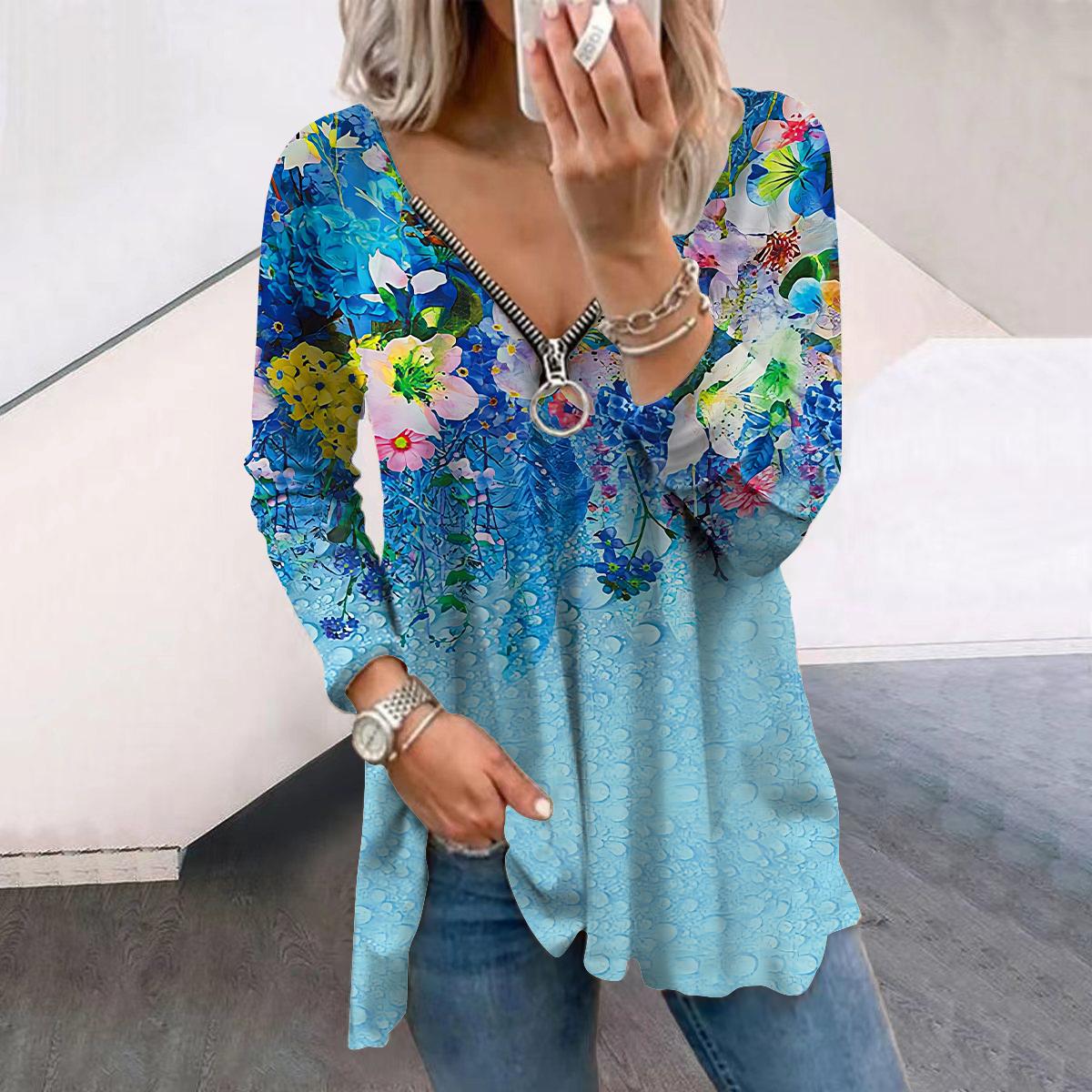 

Женские футболки с длинным рукавом и принтом в виде цветка персика, свободные футболки больших размеров с V-образным вырезом, удобные блузки 8XL светло-синий