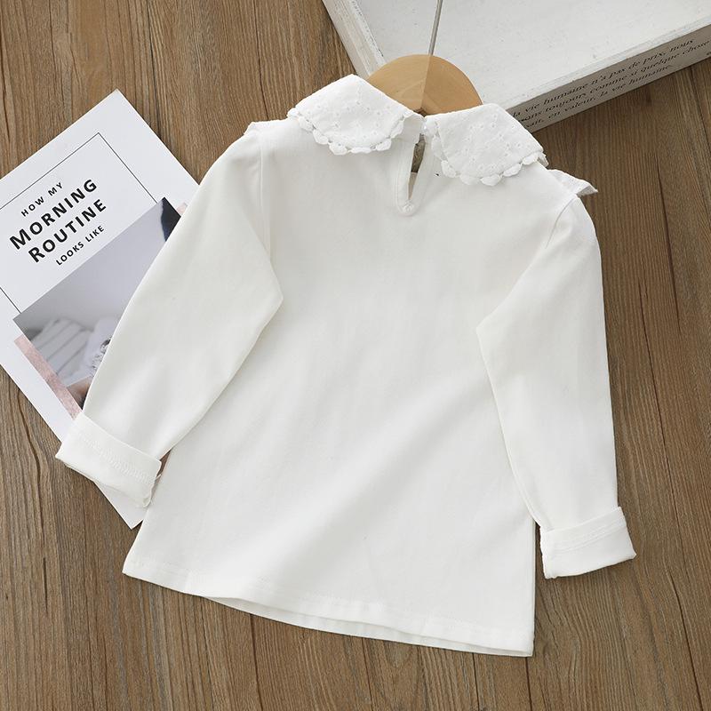 Girls' White Lace Trim T-shirt with Turn-down Collar - Autumn Style