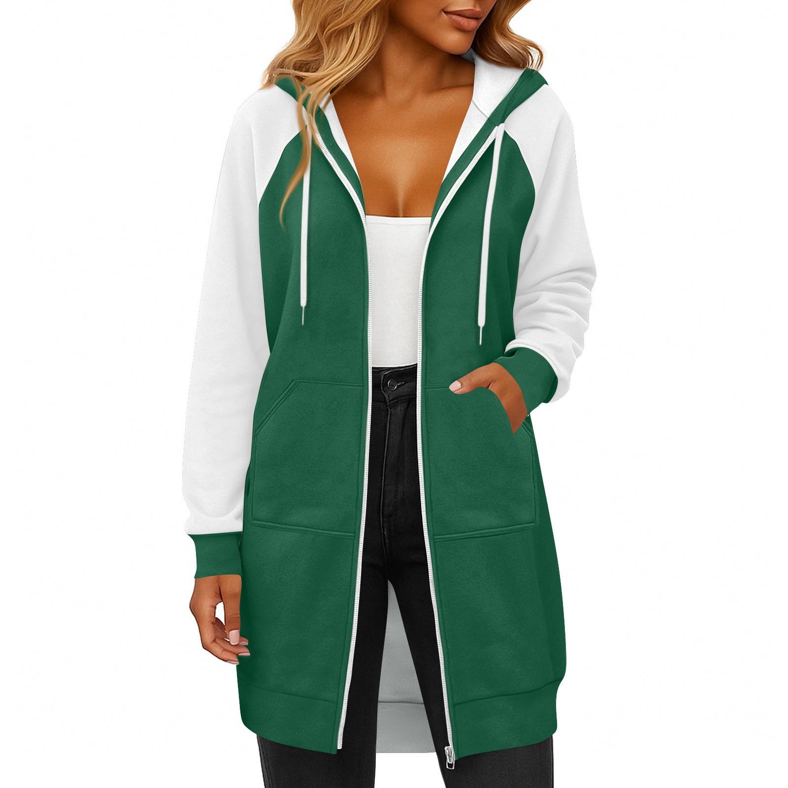 

Женская модная толстовка с длинными рукавами, капюшоном на шнурке, карманом на молнии, длинная, повседневная, с цветными блоками XXL белый
