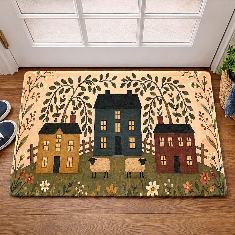 1Pcs Anti Fatigue Kitchen Rugs, 2Pcs, 3Pcs Pastoral House Print Waterproof Non-Slip Thick Cushioned Mat Comfort Standing Mat