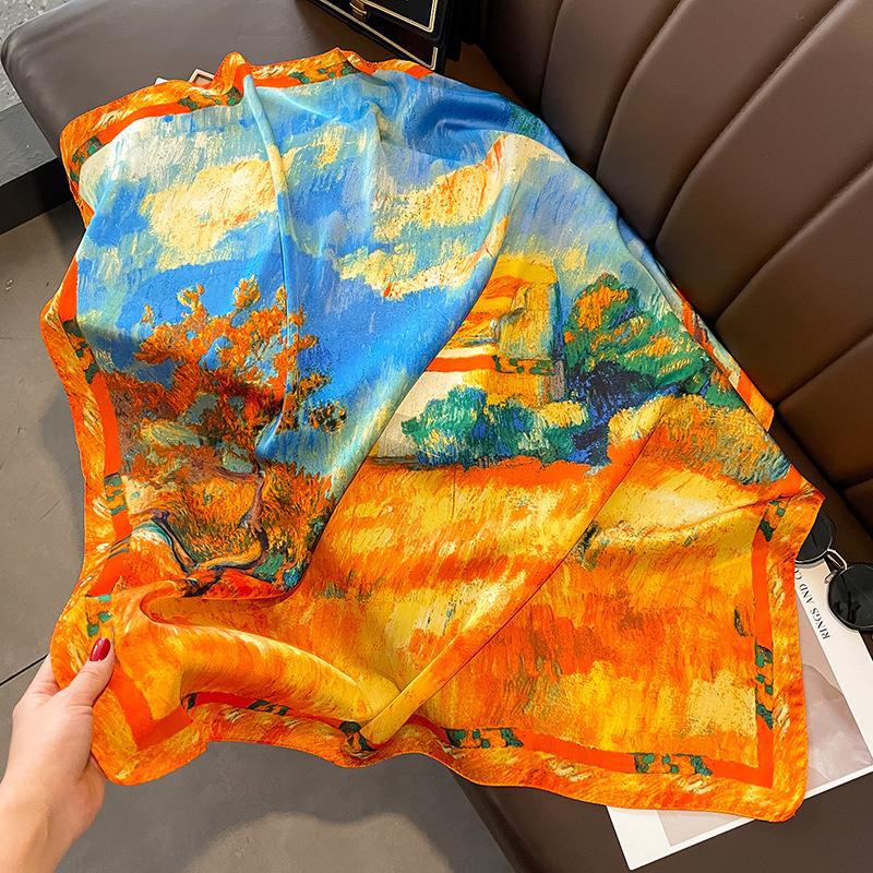 Spring and Autumn Versatile Travel Silk Scarf Temperament Elegant 90 Square Scarf Simulation Silk Scarf Wholesale Advanced Trend Celebrity Shawl 90*90cm