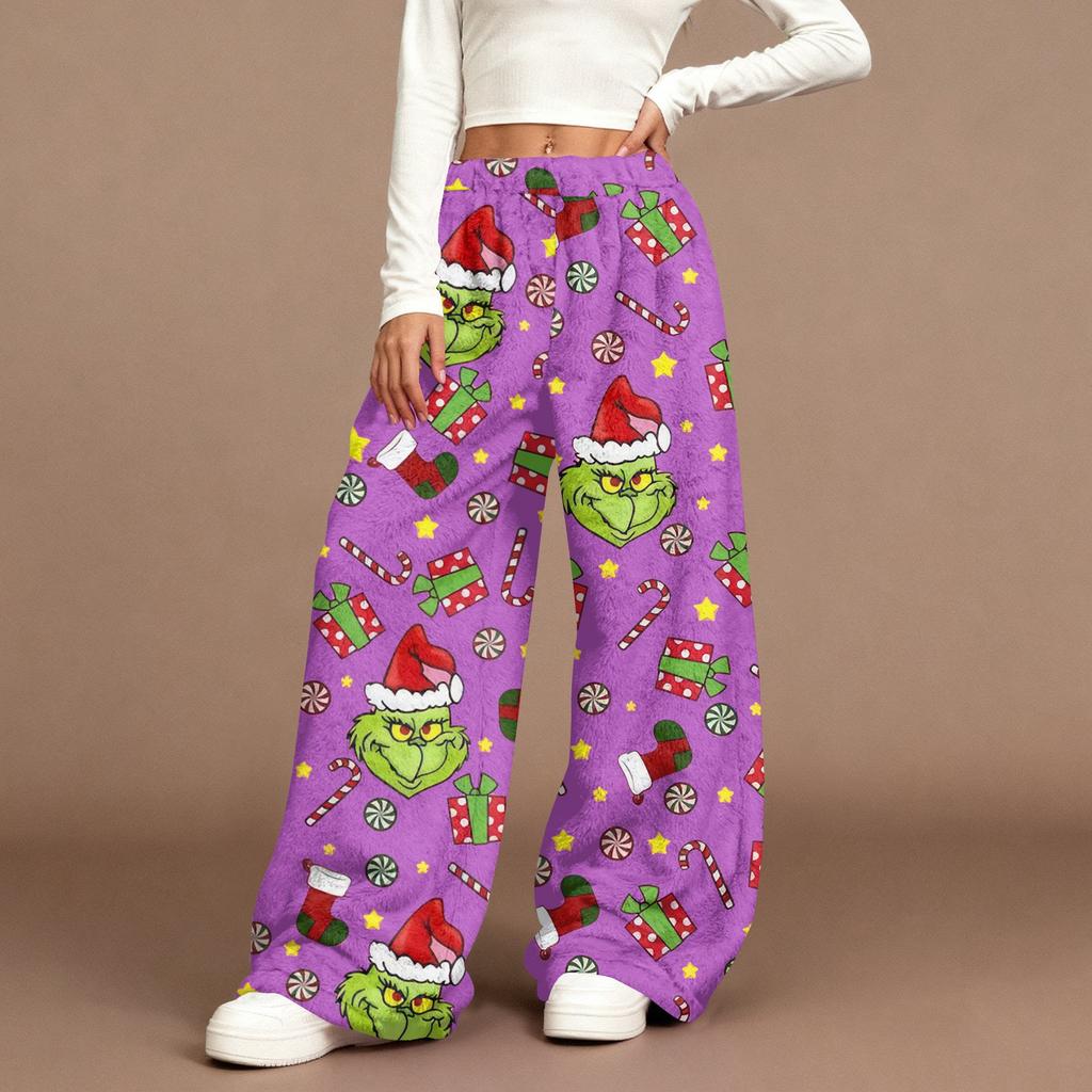 Women's Casual Fashion Christmas Print Elastic Waist Loose Plush Wide Leg Pants