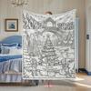 Winter Snowscape New Year Scenic Line Drawing Printed Fleece Blanket, Christmas Tree Snowman Forest Town Winter Scene Pattern Casual Blanket, Home Sof