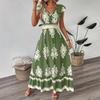 Women Bohemian Summer Short Sleeve V Neck Printed Holiday Big Hem One Piece Dress