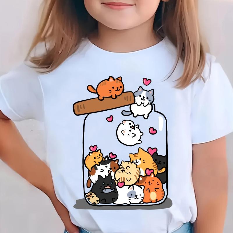 

Summer Fashion Short-Sleeve T-Shirt for Girls with a Cat Print, Casual Top 150 білий