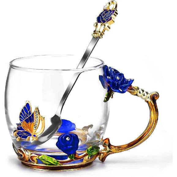 Glas Kaffee Emaille Tasse Beste Geschenke für Mama Frauen Schmetterling Rose Bleifrei Strumpffüller für Frau Rote Teetasse mit Löffel