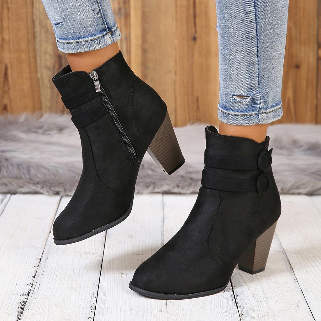 Fashion The 2025 autumn new style of fashionable suede belt buckle high-heeled bare boots with women's side zipper