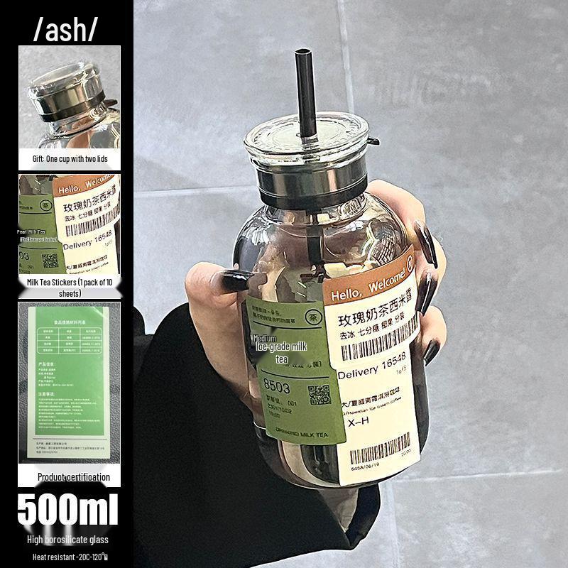 Double-Lid High Borosilicate Glass Travel Cup with Leather Sleeve