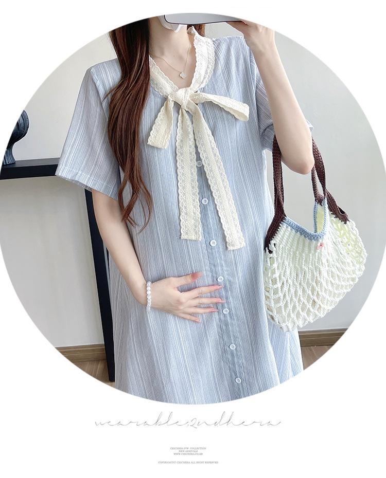 Striped Lace Patchwork Bow Maternity Dress
