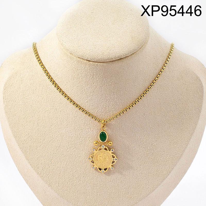 European & American Style Titanium Steel Religious Rooster Necklace & Earrings Set with Emerald Accents