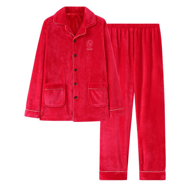 Pajamas Men'S Autumn And Winter Coral Fleece Thickened Men'S Big Red Natal Year Flannel Wedding Loungewear