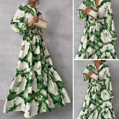 Spring Fall Dress V Neck Shirring A-line Big Swing Full Length Slim Waist Lantern Sleeves Ruffle