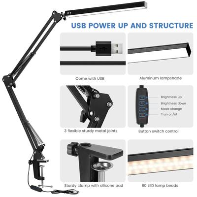 Led Folding Table Lamp Metal Clip Type Long Arm Dimmable Desk Lamp Usb Plug For Living Room Study Office Computers Desk Reading
