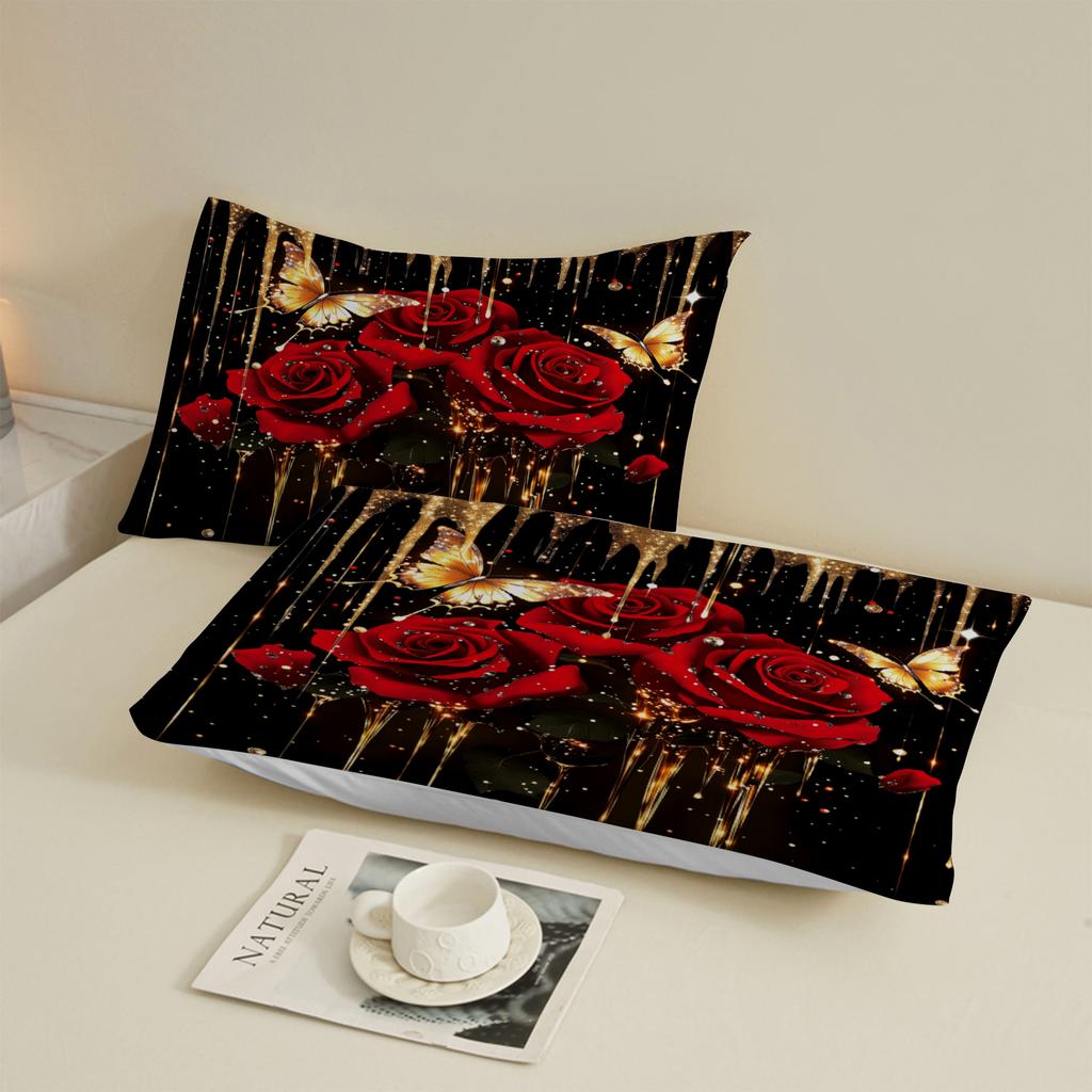 3pcs Red Black Soft Fitted Sheet Roses 3D Print Romantic Floral For Girls Couples 100% Polyester Flat Sheet With 2 Pillowcases