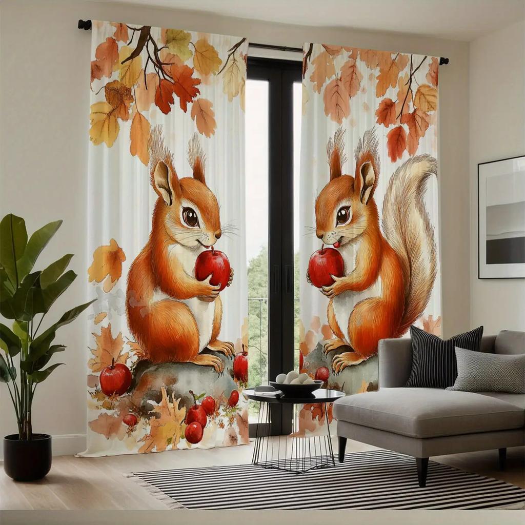 2 pieces of autumn squirrel print curtains, polyester fabric, machine washable, suitable for bedroom living room decoration