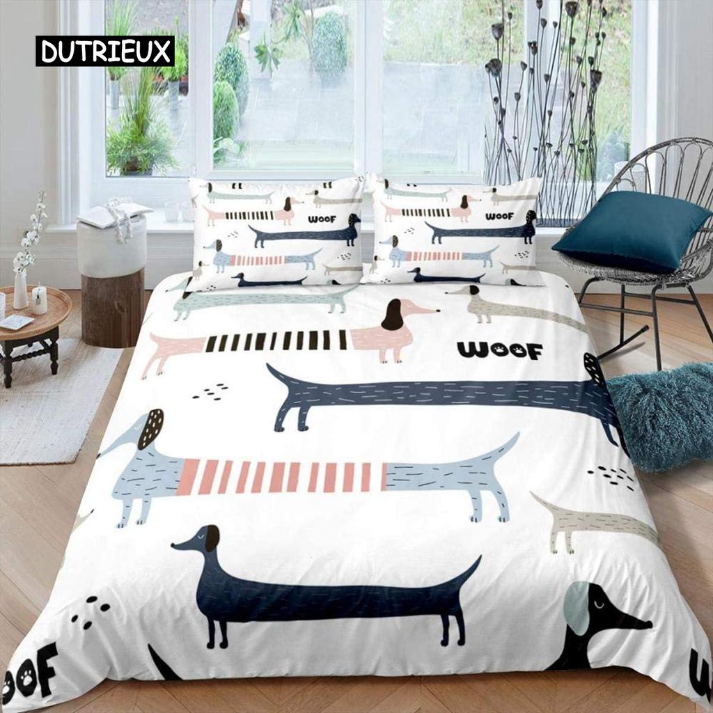 Cartoon Dachshund Bedding Set Cute Sausage Dog Duvet Cover Set Pet Puppy Printed Comforter Cover Animal Polyester Quilt Cover