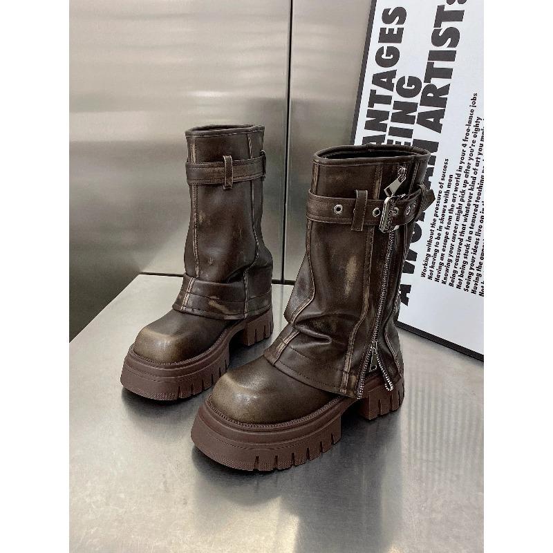Women Fashion Boots European Leather Square Toe Maillard Western Cowboy Thick Soled Boots Motorcycle Short Boots