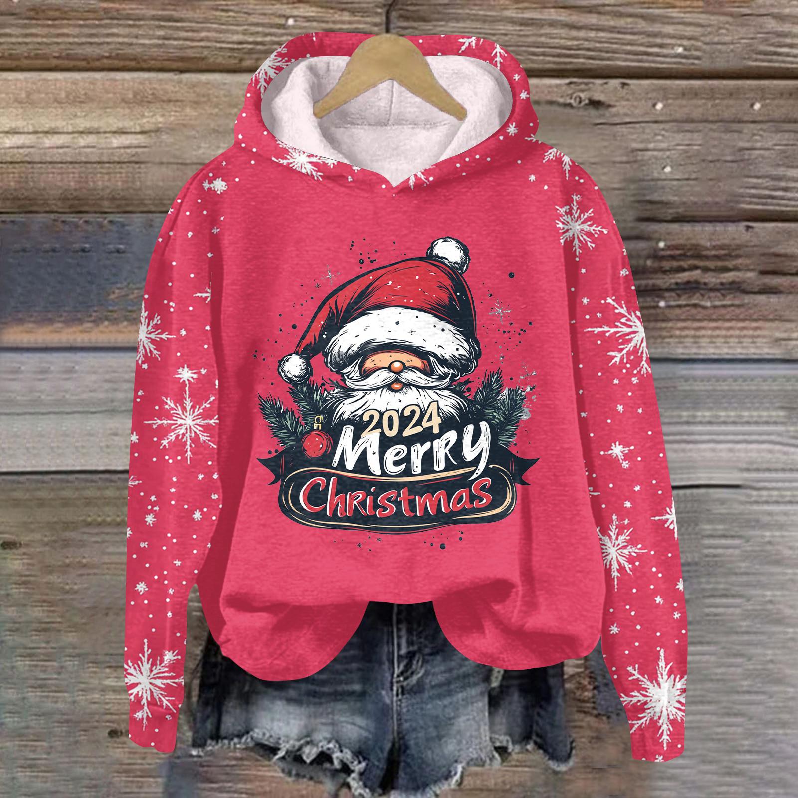 

Женская мода повседневный пуловер с рукавами-заглушками и рождественским принтом с капюшоном M