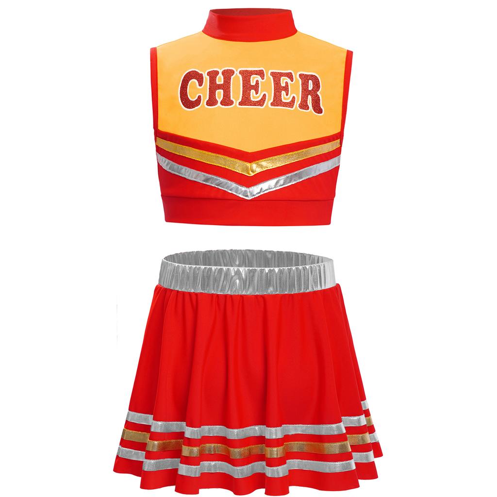 Girls Sleeveless Mock Neck Letters Printed Crop Top Elastic Waistband Striped Skirt Cheerleading Dance Set