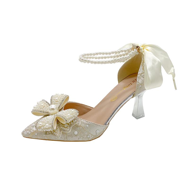 Fashion One Word Buckle Bow Baotou High Heels Women's New Wedding Pointed Toe Shallow Mouth Beaded Pearl Non-slip Sandals