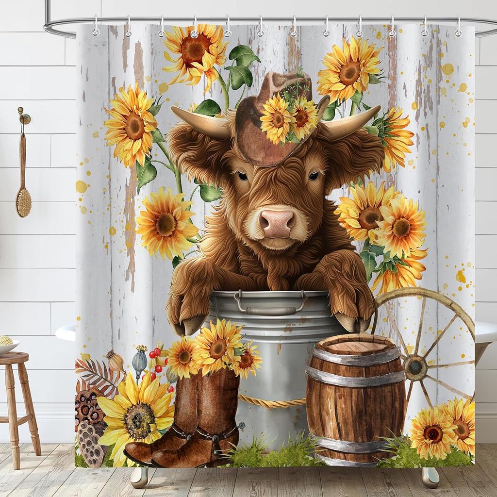 Cute Highland Cow Shower Curtain for Bathroom, Farmhouse Rustic Cow Animal Bathing in Bathtub Shower Curtains Decor Set