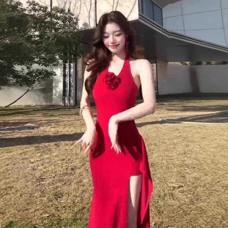 [Spot, Chest Pad + Flower Brooch + Real Zipper] Royal Sister Sexy Spice Girl Red Neck Dress Wraps Hips Open