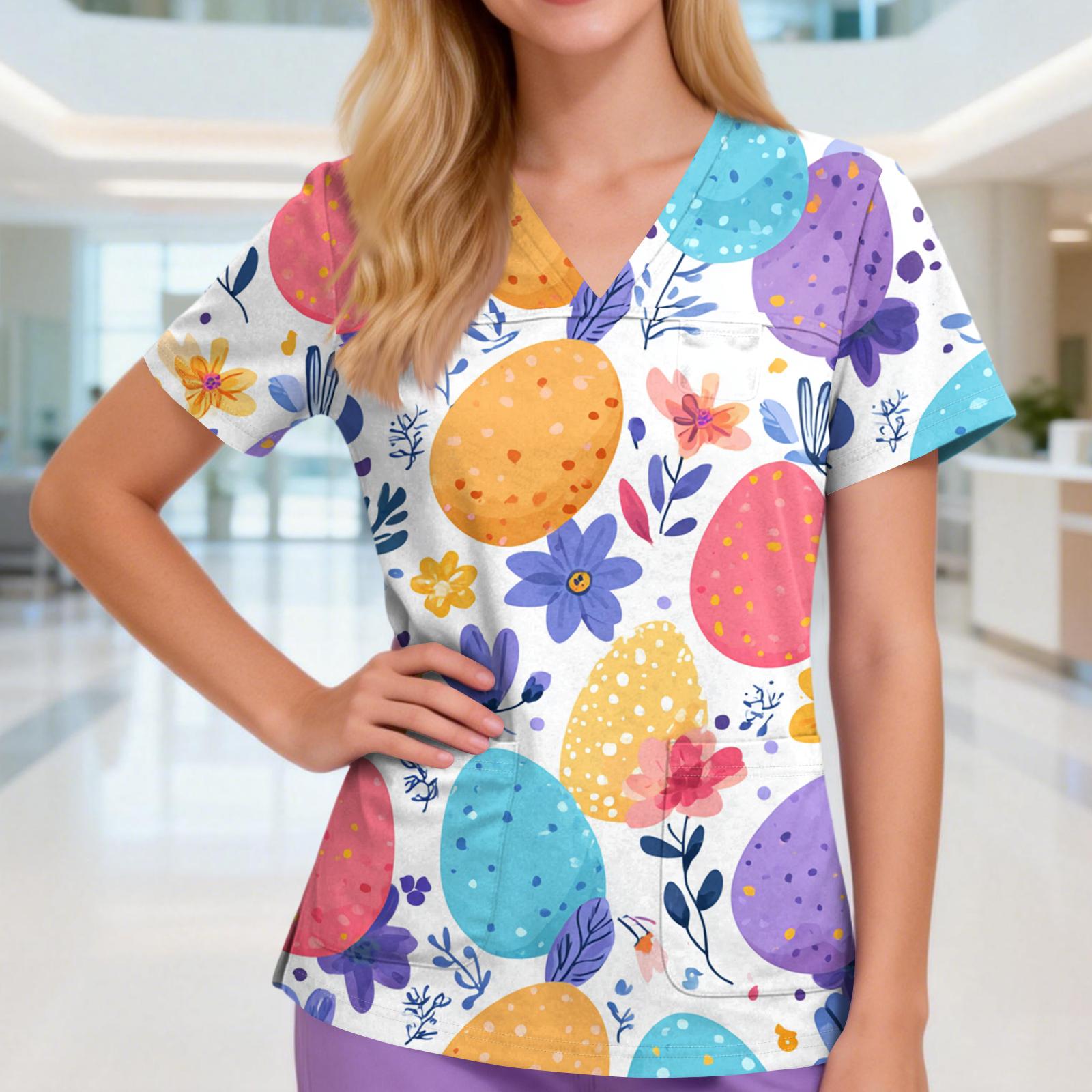 

Женская униформа/топ для сиделки с V-образным вырезом, тремя карманами, коротким рукавом, пасхальным принтом и разрезами по подолу L бежевый