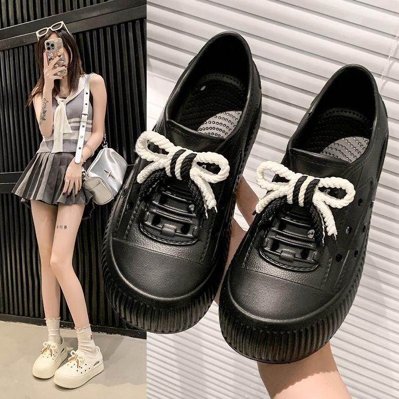 Go Out Home Indoor Cute Heightening Bow Super Soft Comfortable Non-slip Flat Bottom Super Light Hole Shoes