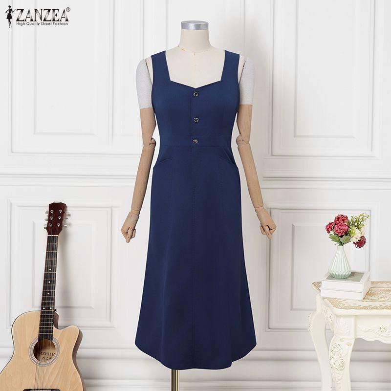 ZANZEA Damska Elegancka Kwadratowy Dekolt Bez Rękawów Casualowa Sukienka Na Ramiączkach