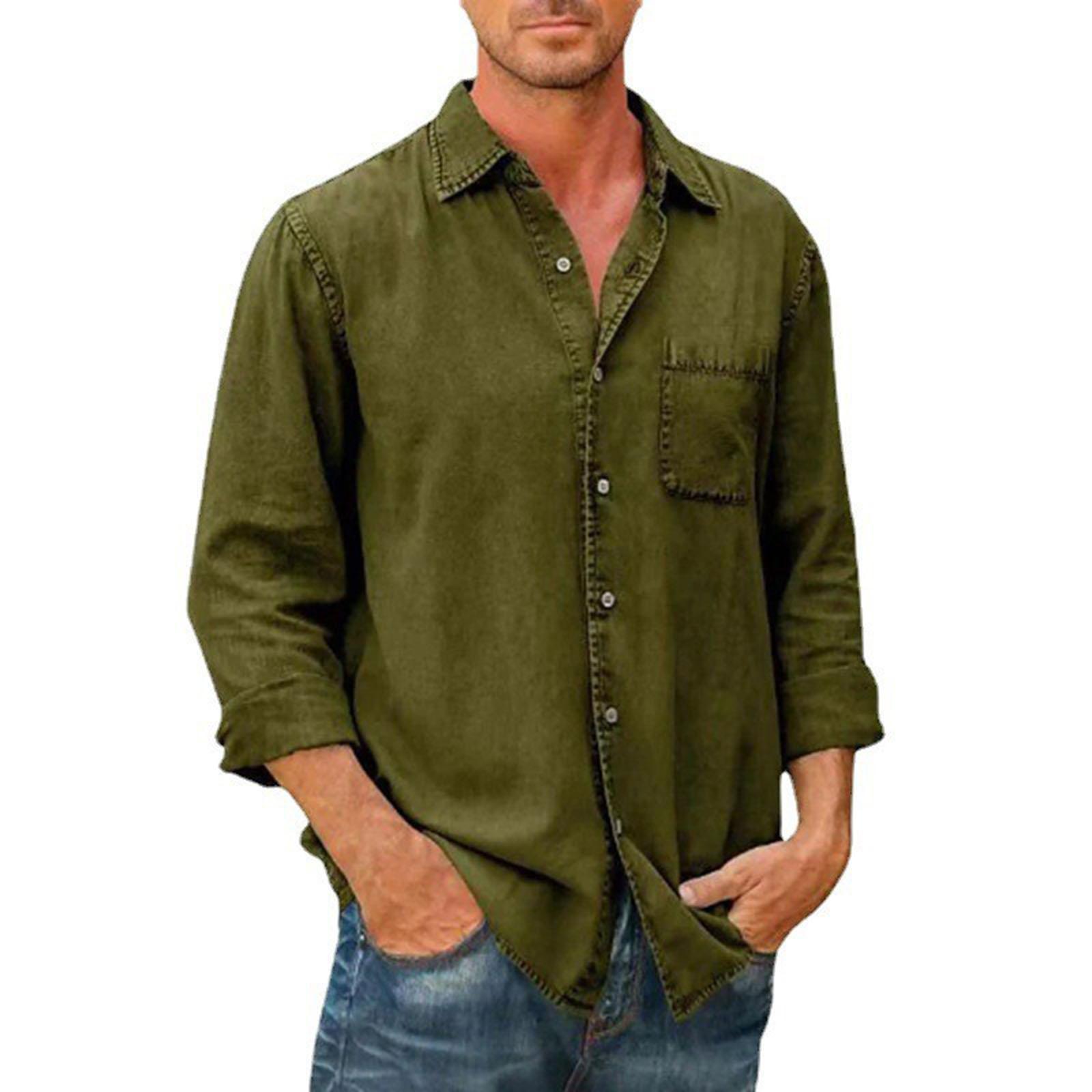 

Men s Long Sleeves Pocket Single- Buckle Flip Collar Shirt L