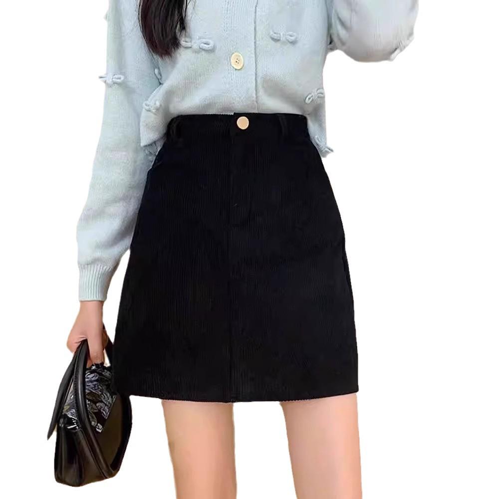 Women's Plus Size High Waist Coffee Corduroy A-Line Skirt - Slimming Anti-Exposure Short Skirt for Fall/Winter