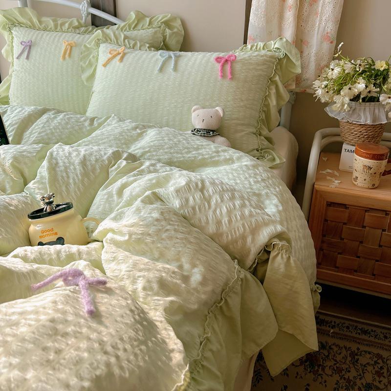 Soft Waxy Wrinkled Yarn Lace, Fairy Beauty Bow Skin-Friendly Quilt Cover Student, Bed Sheet And Mattress