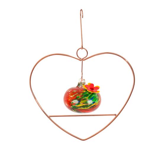 Heart-Shaped Hummingbird Feeder Hanging Water Feeder with Perch Colorful Glass Bottle Wire Frame Hummingbird Feeder for Porch Yard Garden Outdoor