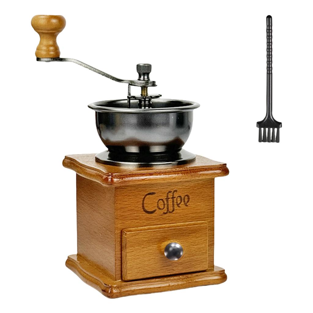 Classical Hand Cranks Coffee Grinder With Ergonomic Wood Handle 15 Grinding Size Option Built In Bristles Brush