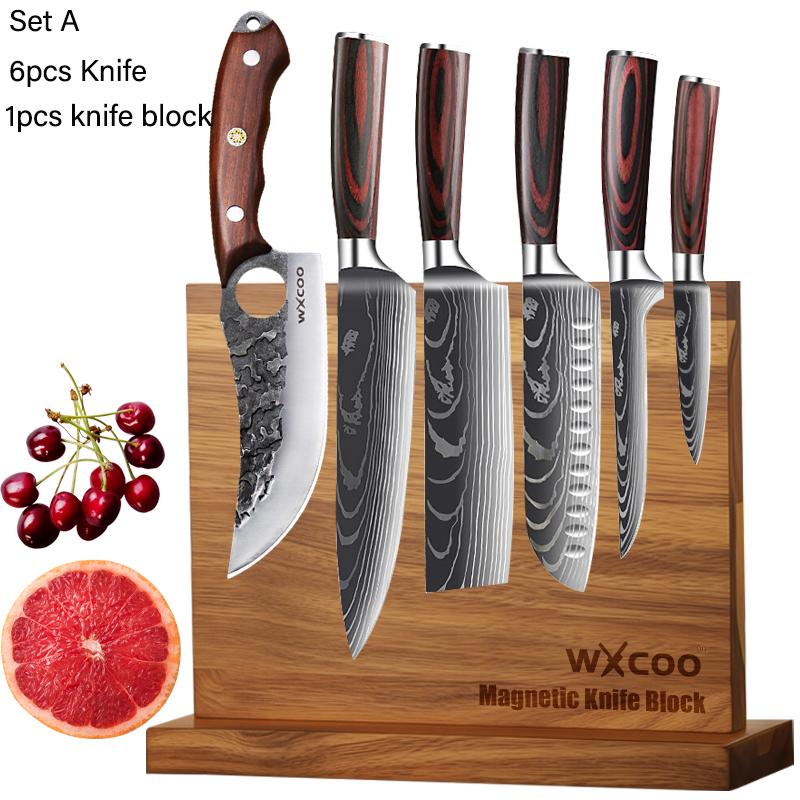 Japanese Santoku Knives Damascus Steel Pattern Chef Knife Butcher Cutting Meat Double-sided Magnetic Knife Block