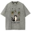 Black Cute Cat Cartoon Print Women's T-Shirt Oversized Loose Wash Denim Cotton Short Sleeve Casual Fashion Girly Top