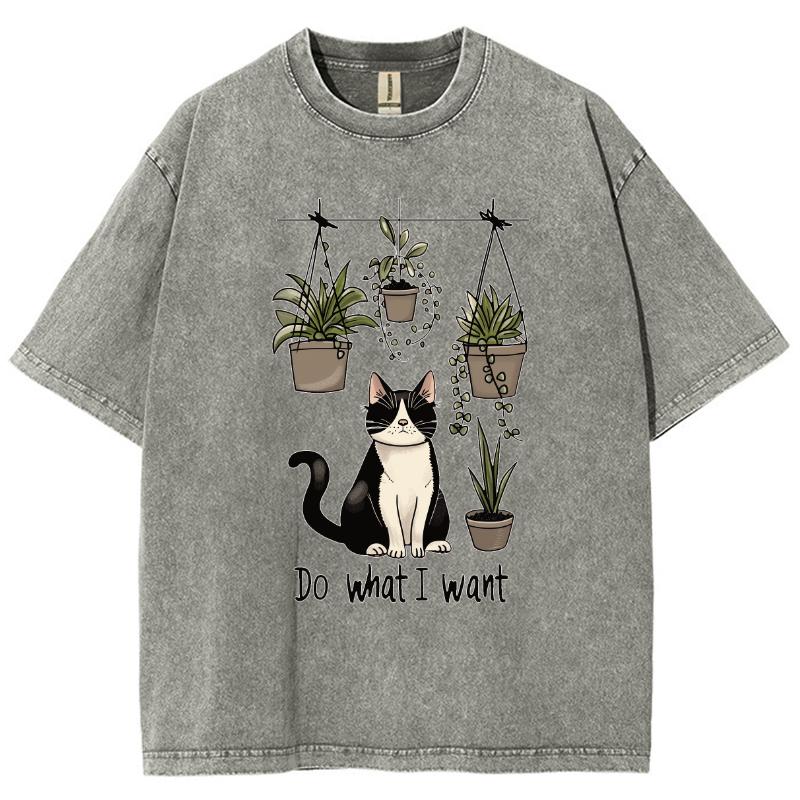 Black Cute Cat Cartoon Print Women's T-Shirt Oversized Loose Wash Denim Cotton Short Sleeve Casual Fashion Girly Top