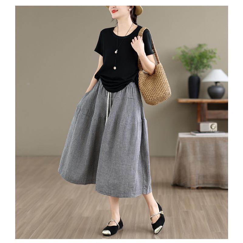 DIMANAF 2026 Summer New Plus Size Women Long Pants Cotton Vintage Loose Elastic Waist Casual Lady Bottoms Print Plaid Black